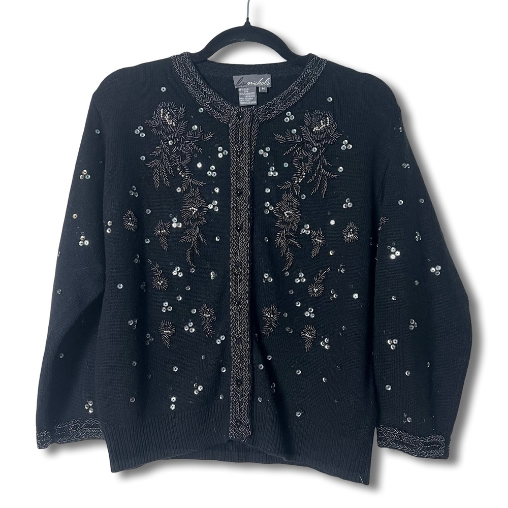 Lisa Nichols Women’s Vintage Beaded Sequin Silk Cashmere‎ Cardigan Black – Sz. M
